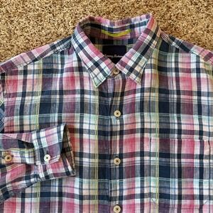 Tommy Bahama Mens Medium 100% Linen Plaid Button Shirt Pink Blue Teal